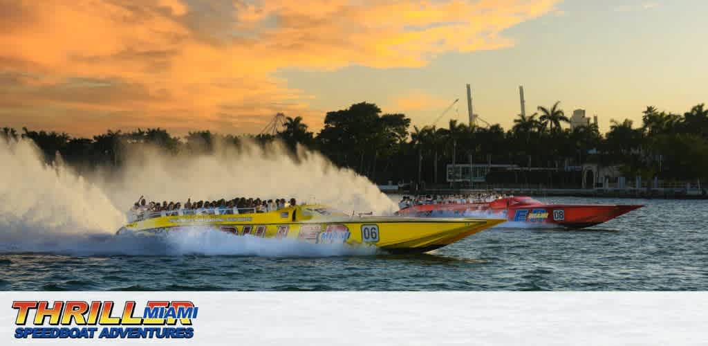 Two speedboats racing at sunset with palm trees in the background.