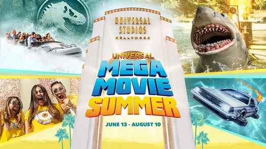 Image promoting Universal Studios Hollywood's Mega Movie Summer event from June 13 to August 10. It features a thrilling Jurassic Park ride with a dinosaur, a shark from Jaws, a futuristic car, and excited visitors in theme-park attire. The background shows the iconic Universal Studios entrance. Perfect for movie lovers seeking an unforgettable summer adventure.