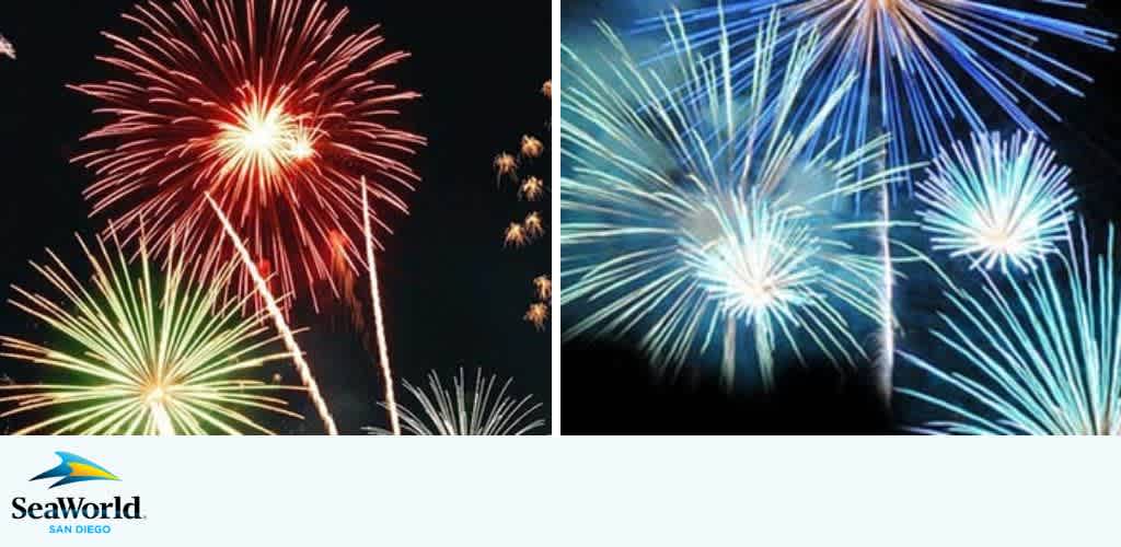 Fireworks display with red, green, blue, and white bursts in a night sky.