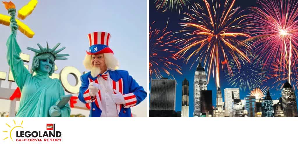 Uncle Sam and a Statue of Liberty replica at LEGOLAND California Resort with fireworks over a city skyline.