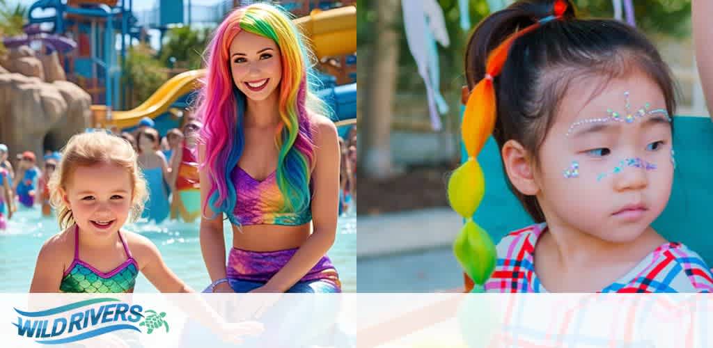A colorful scene at a water park with a child and an adult in mermaid attire, and a separate image of a child with decorative face glitter and multicolored hair.