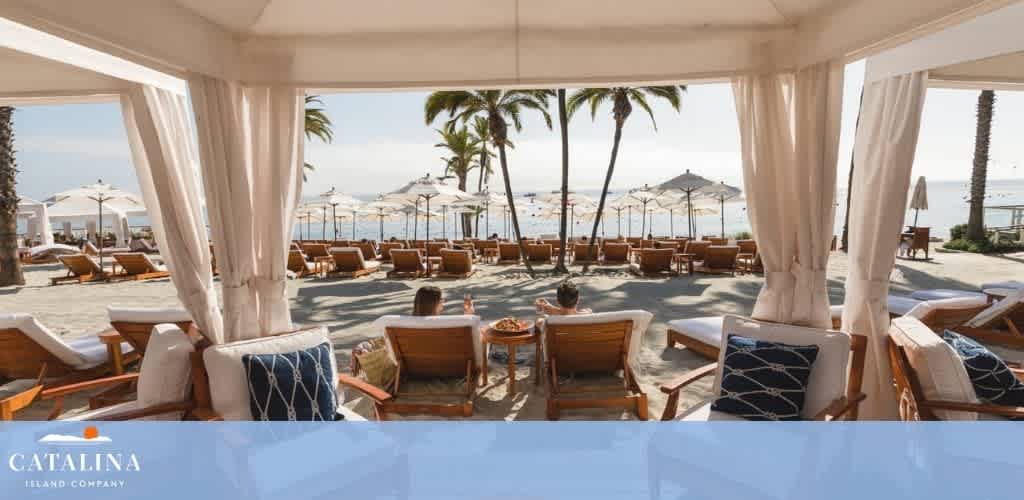 View from inside a cabana overlooking a beach with lounge chairs, umbrellas, and palm trees.
