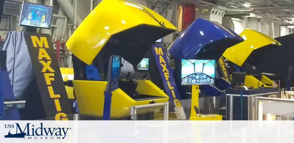 Row of colorful flight simulator pods with