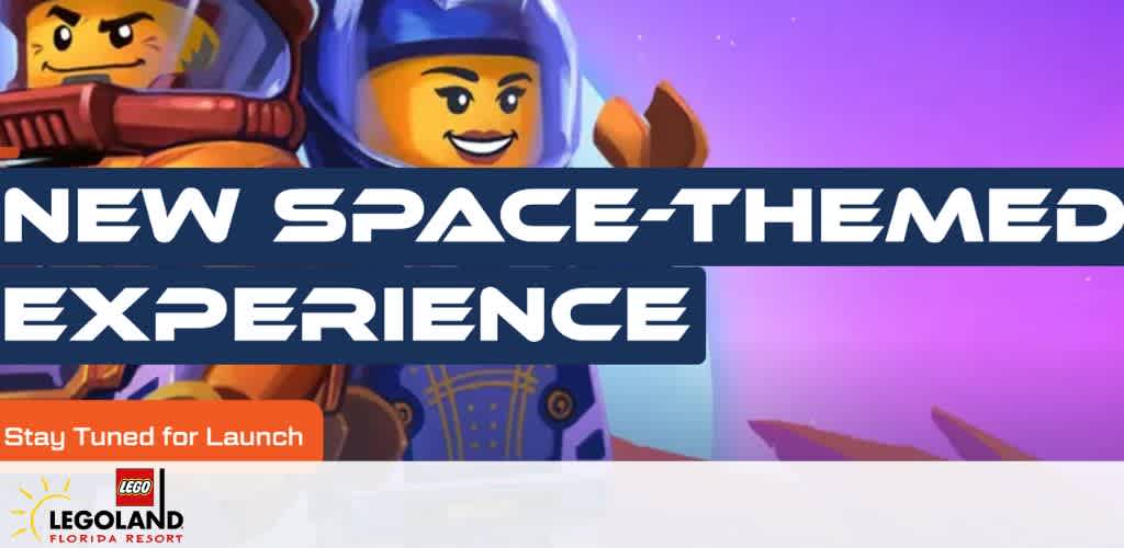 Lego astronauts on a space-themed promotional banner for LEGOLAND Florida Resort.