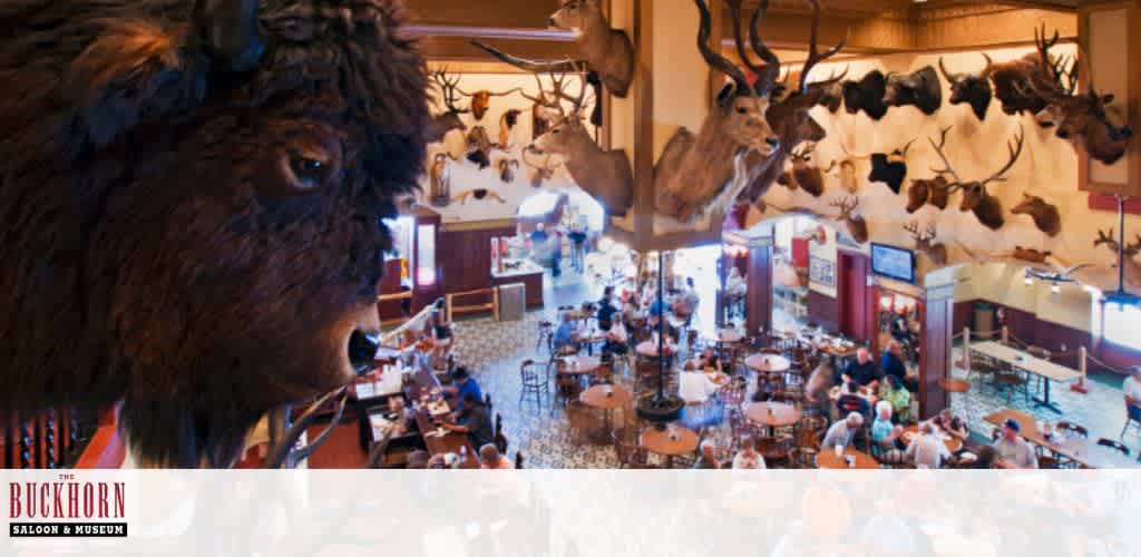 An overhead view of a large room with taxidermy animal heads mounted on the walls, featuring a prominent bison head. People are seated at round wooden tables, enjoying a meal surrounded by the museum's unique display. The setting has warm lighting and rustic decor, creating a lively and engaging atmosphere.