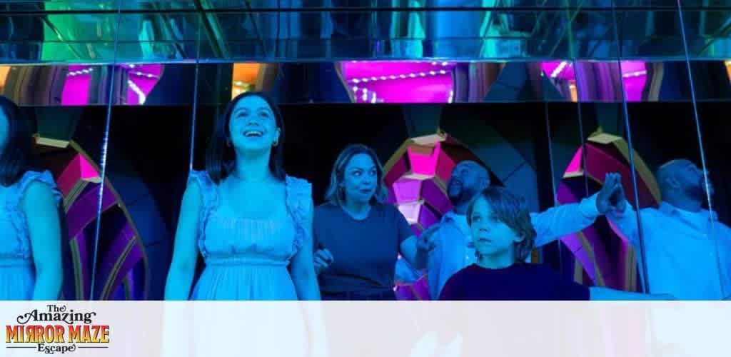 A group of people explores a vibrant mirror maze, surrounded by colorful reflections and neon lights. They appear amazed and engaged, creating a sense of wonder and excitement. The scene captures the maze's dynamic atmosphere, with mirrors creating an illusion of infinite space and colorful patterns. The environment is lively and immersive, making it appealing for visitors of all ages seeking adventure and fun.