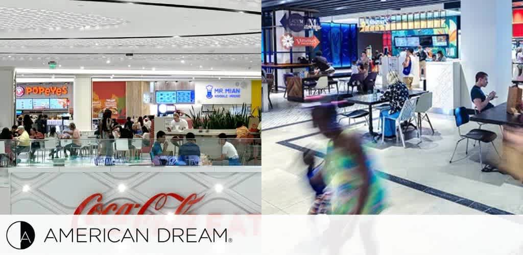 Composite image of a busy food court with various eateries, including Popeyes and Mr. Mian Noodle House, and dining people; branded
