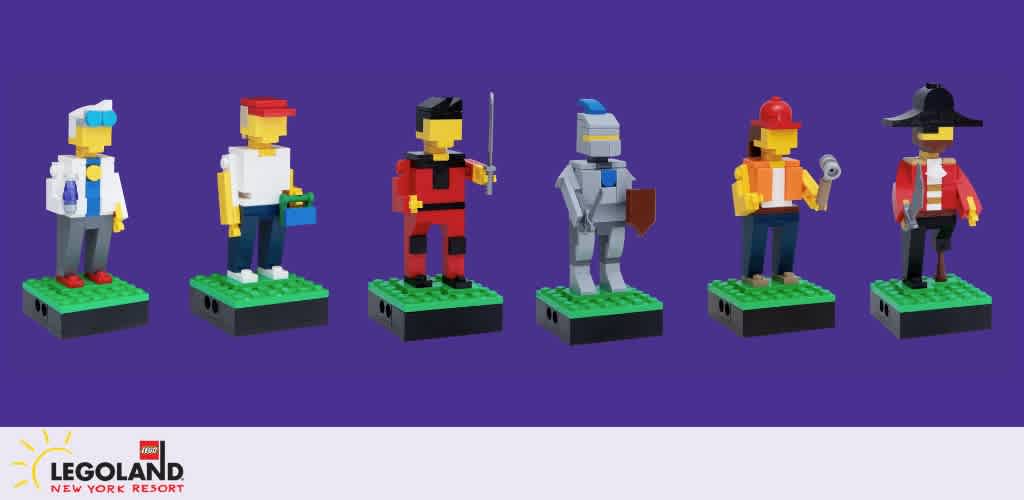 LEGO figures are displayed side by side on purple backgrounds. Below is the LEGOLAND New York Resort logo.
