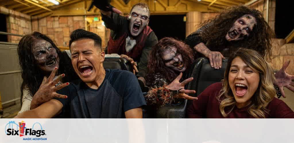 People on a theme park ride surrounded by zombie characters at Six Flags Magic Mountain.