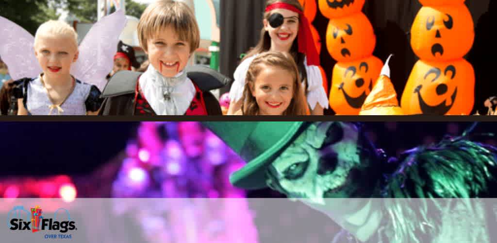 Children in Halloween costumes and a spooky figure with purple and green lighting; 
