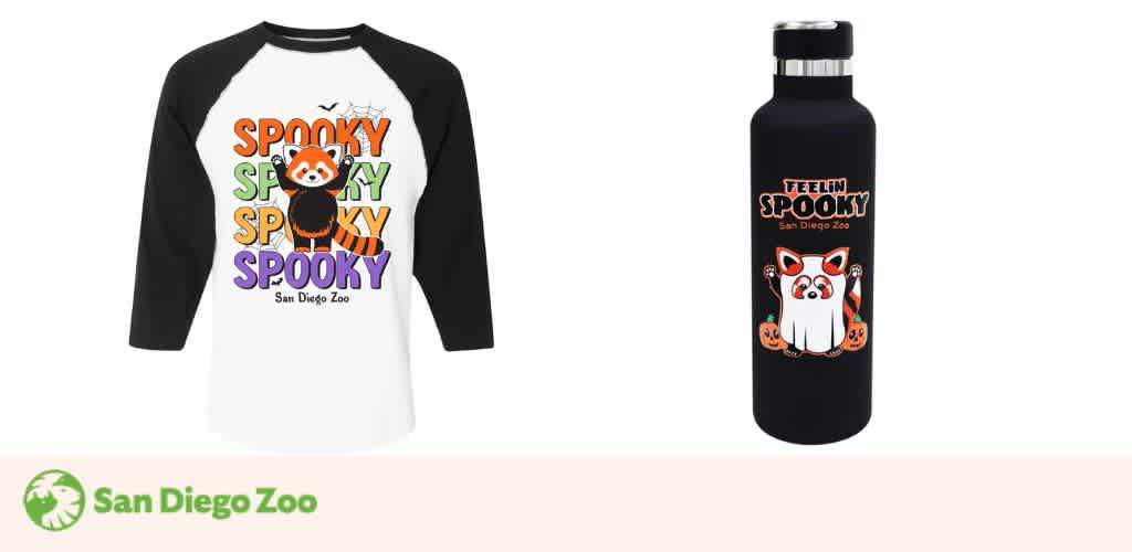 Halloween-themed San Diego Zoo shirt and water bottle featuring a red panda in a ghost costume.