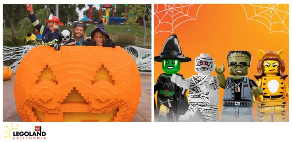 LEGO characters in Halloween costumes and children behind a large LEGO pumpkin at LEGOLAND.