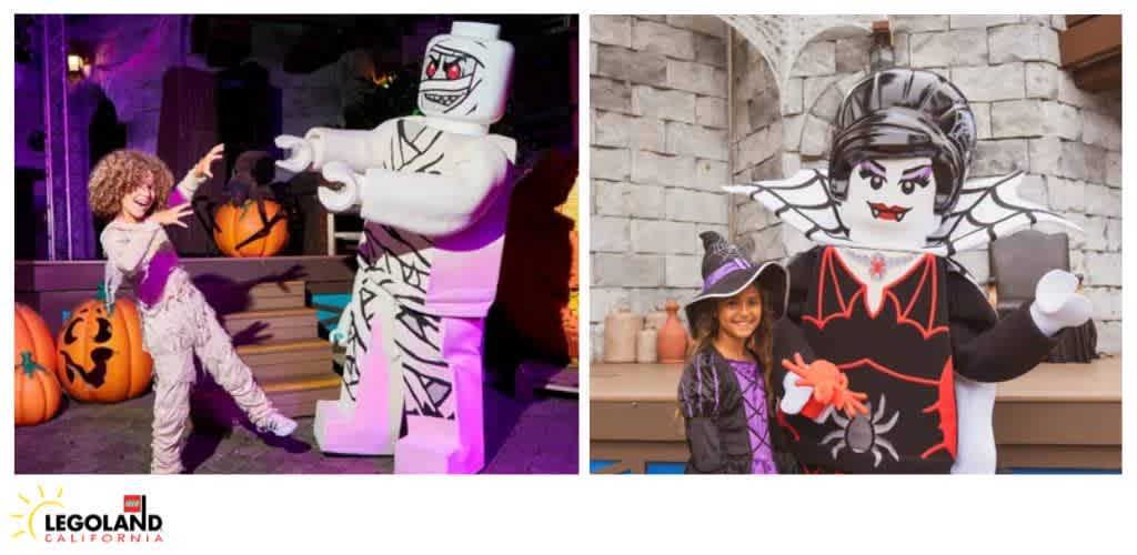 Children in costumes pose with large LEGO mummy and vampire figures at LEGOLAND California, decorated for Halloween.