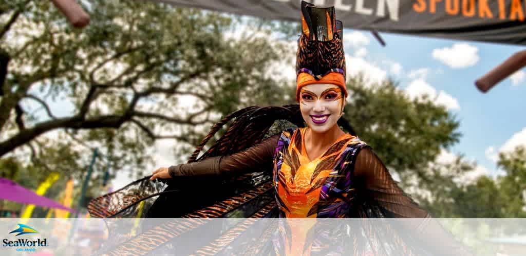 A performer in an elaborate orange and black costume at an outdoor event.