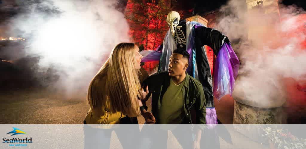A tall skeletal figure in a robe stands in a foggy setting with a surprised man and woman in the foreground. SeaWorld San Antonio logo is visible.