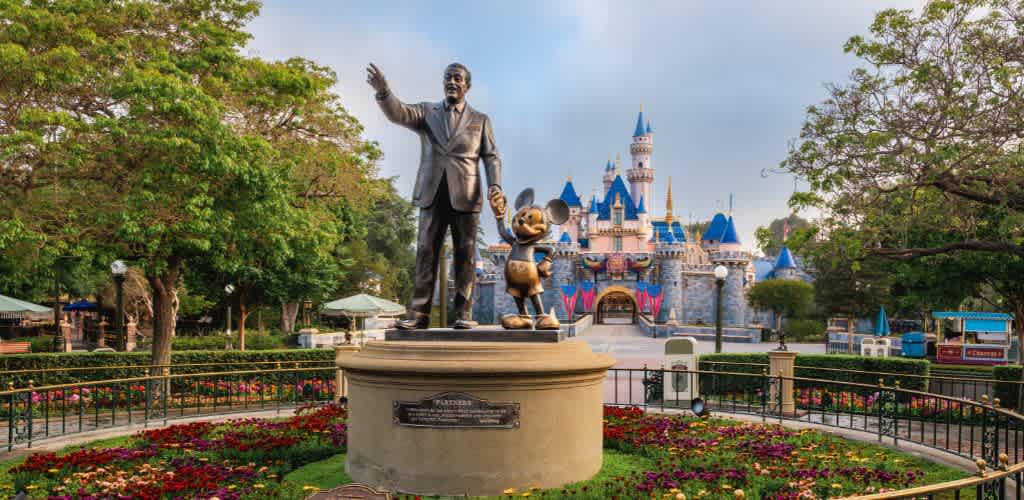 Statue of Walt Disney and Mickey Mouse in front of a castle at Disneyland with colorful flowers and trees around.