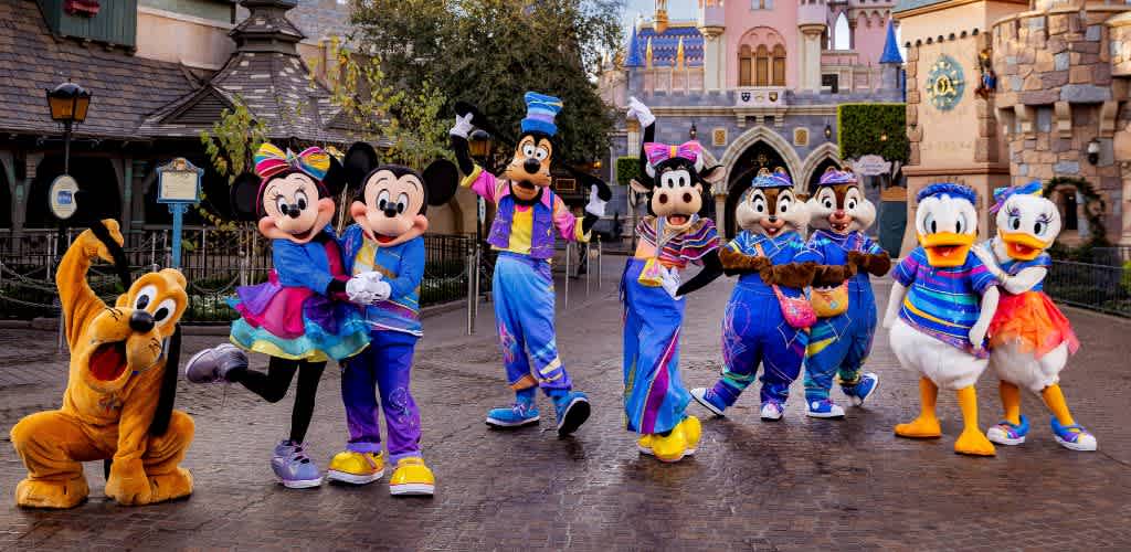 Disney characters including Mickey Mouse Minnie Mouse Donald Duck Daisy Duck Goofy and Pluto posing together outside a castle at a theme park