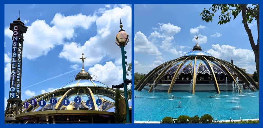 Side-by-side images of a colorful amusement park attraction with a glass dome fountain and a bright blue sky with clouds
