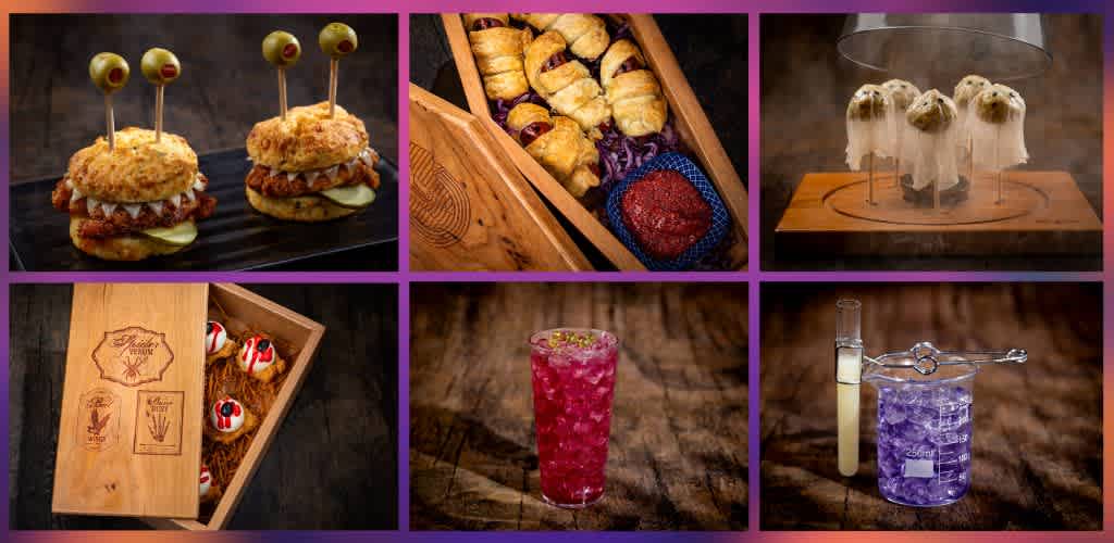 Six images showing savory sliders, assorted pastries, a dry ice dessert, a box of mini desserts, a bright pink cocktail, and science-themed food presentations.