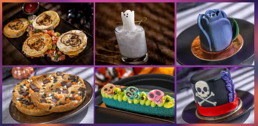 Six Halloween-themed treats including decorated pies, a ghost-shaped marshmallow drink, a blue rose-shaped cupcake, a cookie, a skull cake, and a pirate hat-shaped dessert collection.