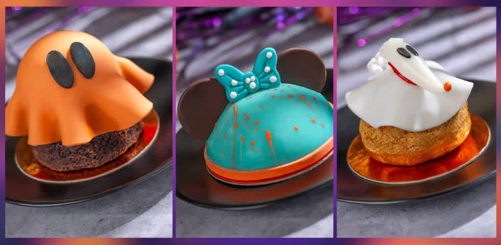 Three spooky Halloween-themed cupcakes with character decorations on black plates against a purple background.