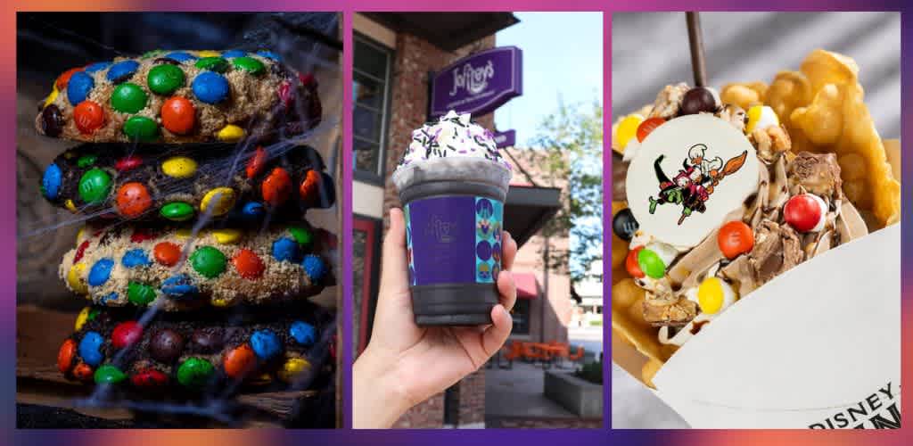 Stacked cookies with colorful candies, a hand holding a decorated ice cream cone outdoors, and a close-up of a waffle cone filled with ice cream and toppings