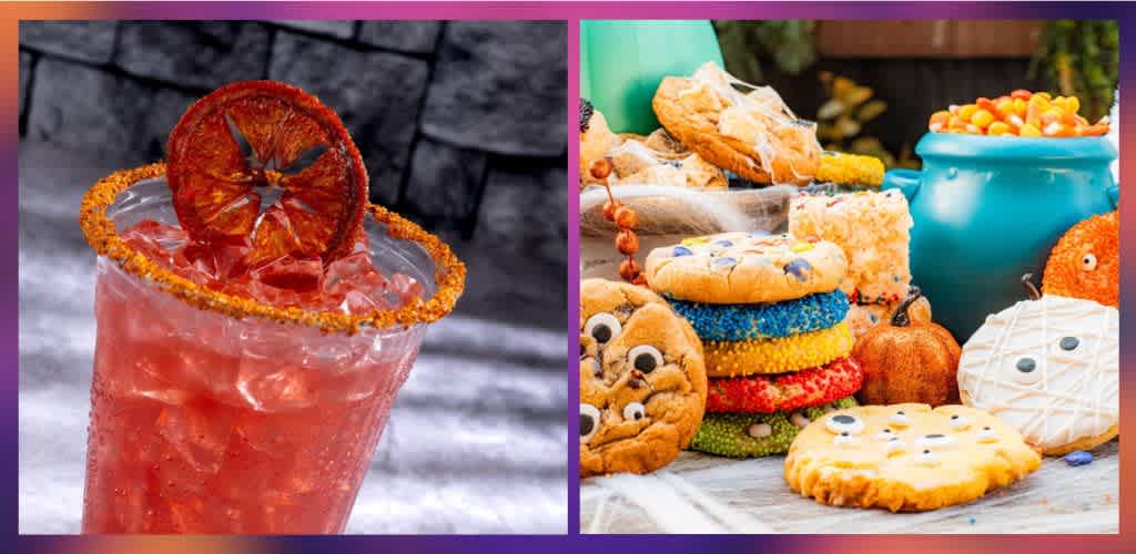 A pink cocktail garnished with a dried orange slice and chili rim next to colorful decorated cookies and candies on a rustic table.