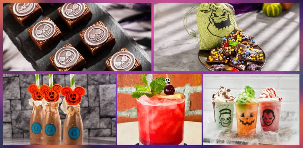 Assorted Halloween-themed chocolates, treat bags with monster designs, a spooky cocktail with garnishes, and colorful ghost or monster-themed ice creams on a white surface.