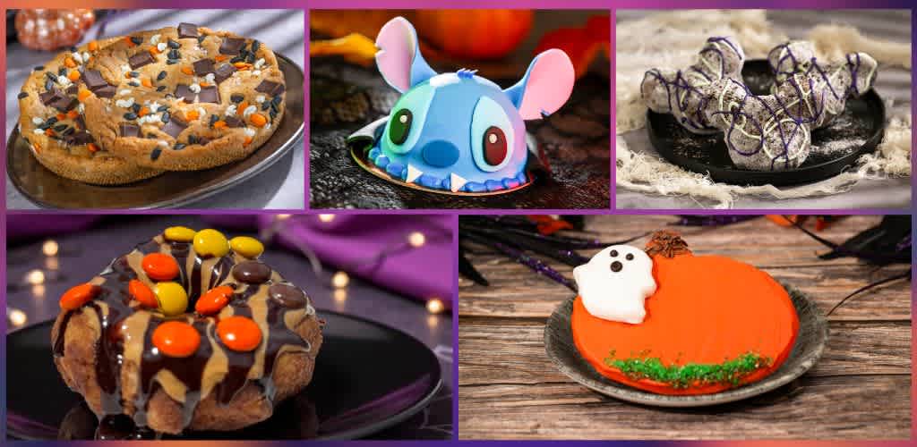 Assorted decorated cookies and treats including a candy-coated cookie, a colorful cartoon character cookie, spooky-themed cookies, a chocolate and candy treat, and a ghostly pumpkin cake.