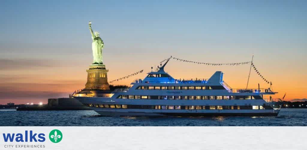 A large yacht sailing near the Statue of Liberty during sunset with colorful sky and calm waters.