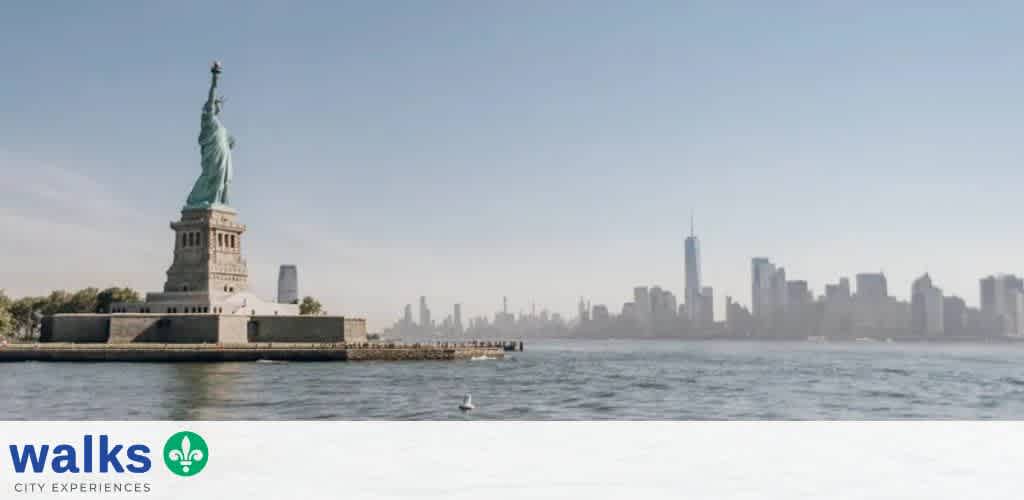 View of the Statue of Liberty with Manhattan skyline in the background on a clear day