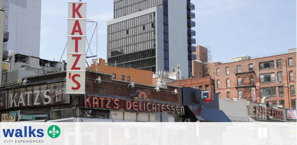 Exterior view of Katz's Delicatessen with signage and surrounding buildings in a city setting