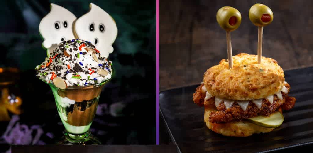 A dessert with whipped cream, sprinkles, and ghost-shaped cookies on top next to a savory sandwich with fried chicken, pickles, and olives on top.