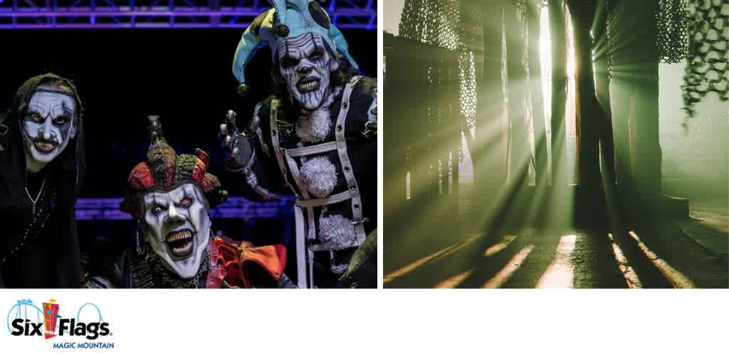 Three costumed clowns in eerie makeup on left; sunlight through patterned mesh creating shadows on right.