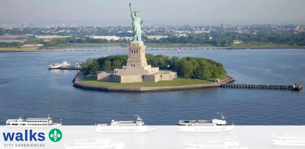 Aerial view of the Statue of Liberty on Liberty Island with boats sailing nearby on the water.