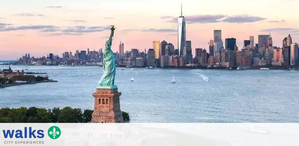 An image of the Statue of Liberty overlooking New York City skyline across the harbor during sunset