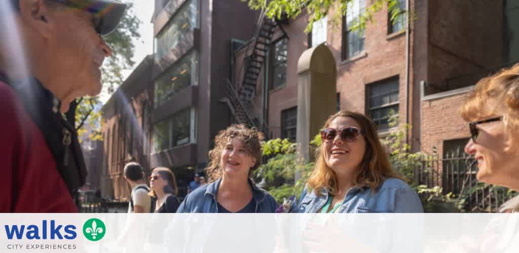 Group of diverse people smiling and talking outdoors on a city sidewalk with trees and brick buildings in the background
