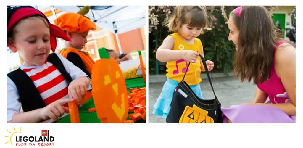 Children engaged in Halloween activities at LEGOLAND Florida Resort, including trick-or-treating and building with LEGO blocks.