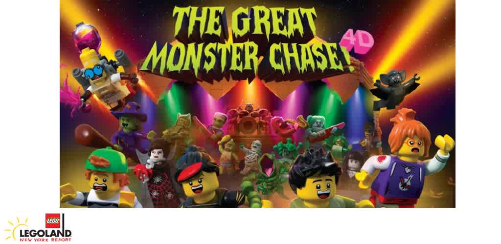 Colorful LEGO characters perform on stage with a bright background and a sign that says The Great Monster Chase 4D.