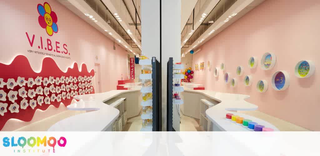 Colorful interior of a cheerful store with pink walls, decorative shelves, and vibrant displays for fun and learning.