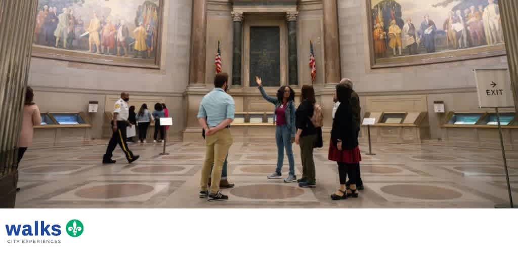 Group of people touring an art museum with large paintings on the walls and informational displays in a grand hall.