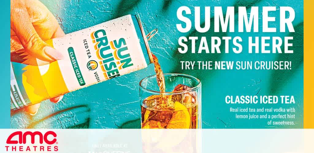 A person pours Sun Cruiser iced tea into a glass with ice and lemon, promoting summer and a new Sun Cruiser beverage.