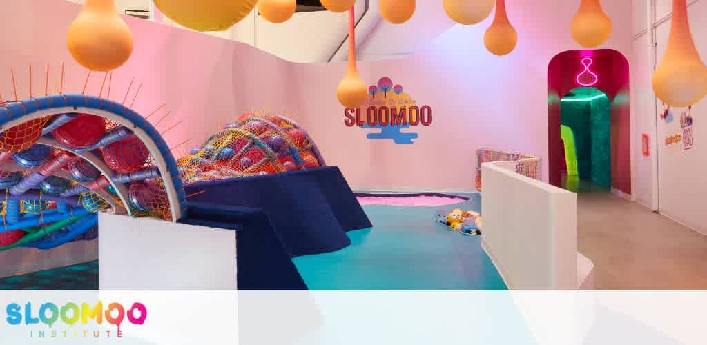 Indoor colorful play area with soft surfaces, bright decorations, and a small slide for children to enjoy.