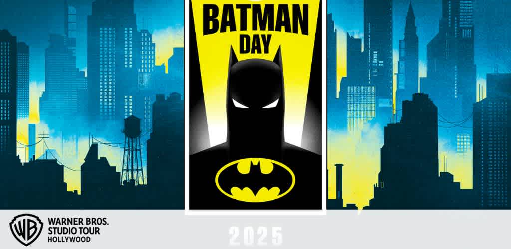 Batman Day 2025 poster with Batman's silhouette and city skyline.
