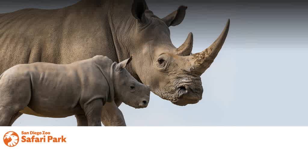 An adult rhinoceros and a young rhino walking together with a logo in the corner.