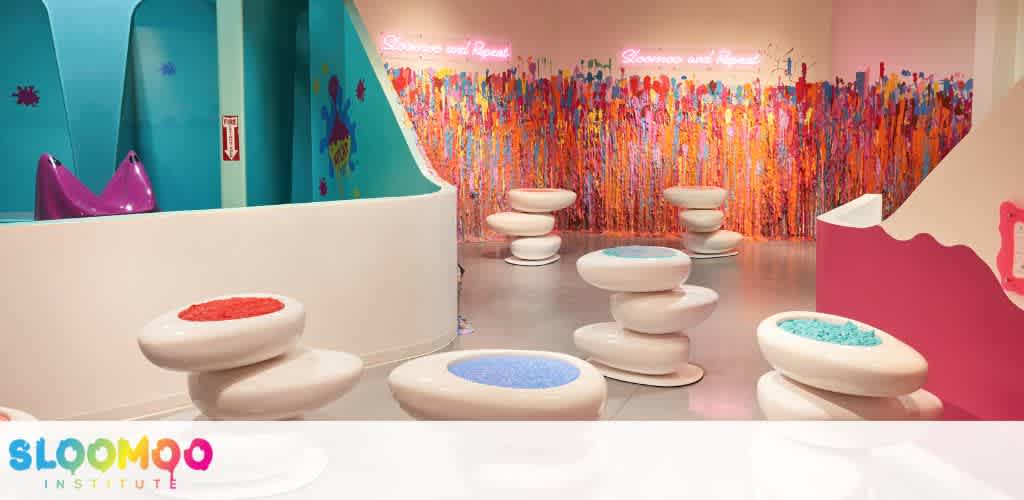 Colorful play area with modern seating and vibrant wall art features a fun and inviting atmosphere for children.