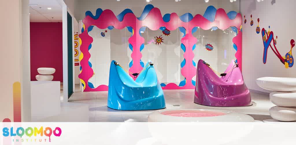 Colorful, playful art installation with two glossy chair-like structures in blue and pink in a vibrant fun environment.