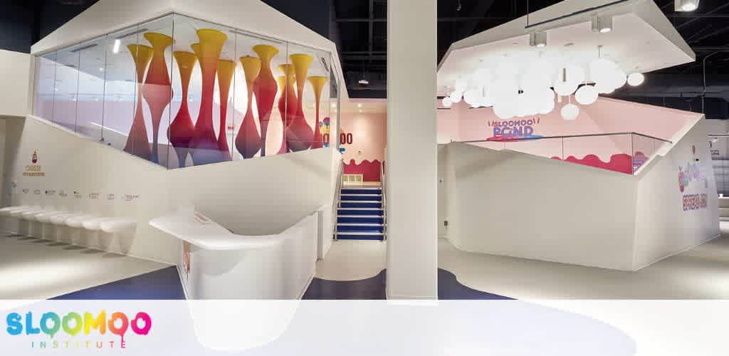 Modern indoor space with colorful abstract artwork, curved white structures, stairs, and playful design elements suitable for children and families.