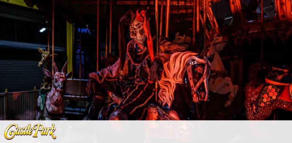 A spooky, dimly lit carousel with a skeletal figure riding a horse.