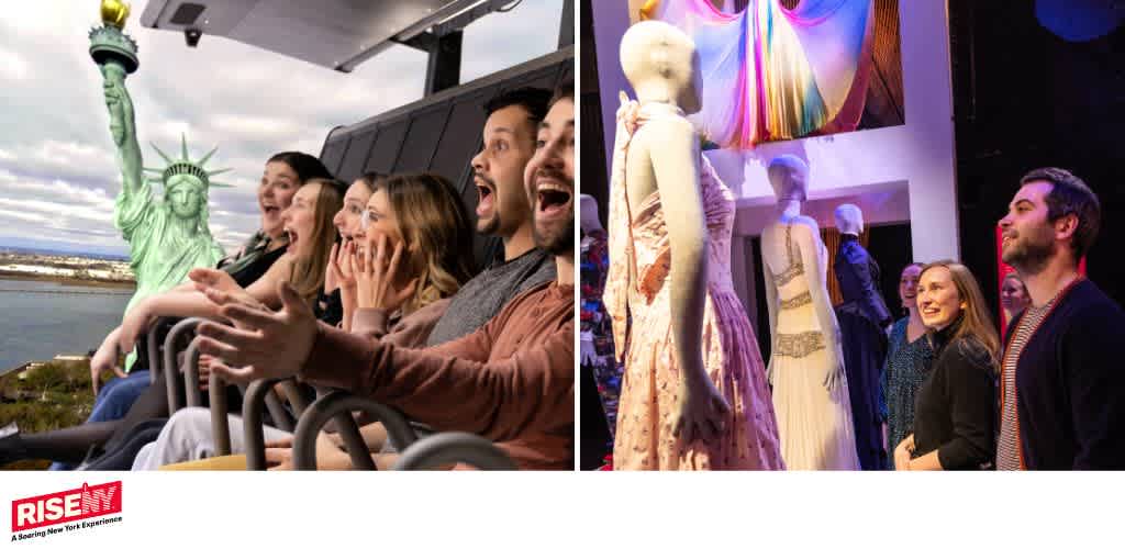 Group of excited people riding a roller coaster with the Statue of Liberty in the background on the left, and people admiring fashion mannequins in a gallery on the right.